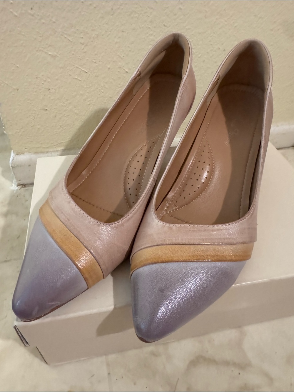 Women’s Neutral Beige, tan and Gray stripped leather heels
